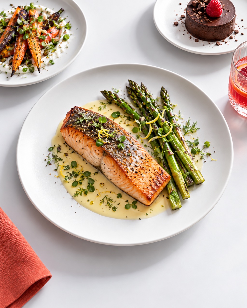 Seared salmon and asparagus with a carrot starter, chocolate dessert, and citrus drink on a cool white surface
