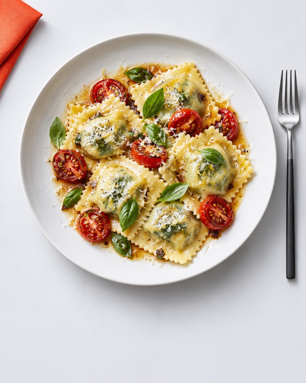 Handmade ravioli with cherry tomatoes, basil, and grated cheese on a white plate with a coral accent